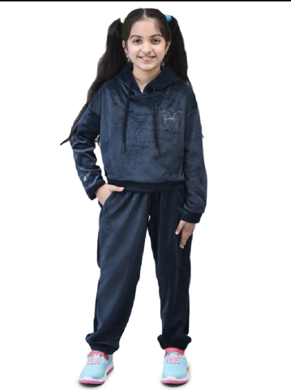 Shiv Naresh Girls Navy Velour Super Soft Hooded Tracksuit