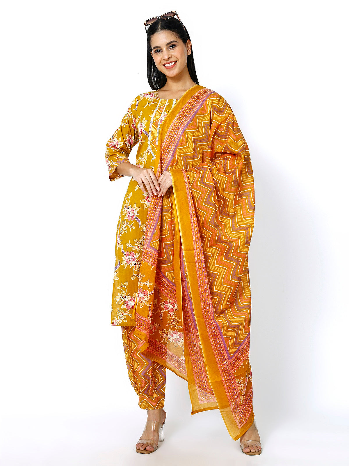 Women Mustard Cotton Floral Print Kurti Set (Plus Size Available)