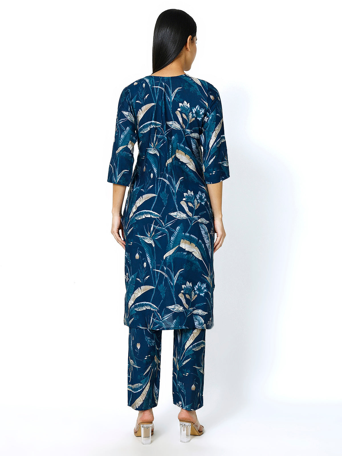 Women Embroidery Masleen Cotton Kurti Set Ethnic Printed Peacock Blue Color (Plus Size Available)