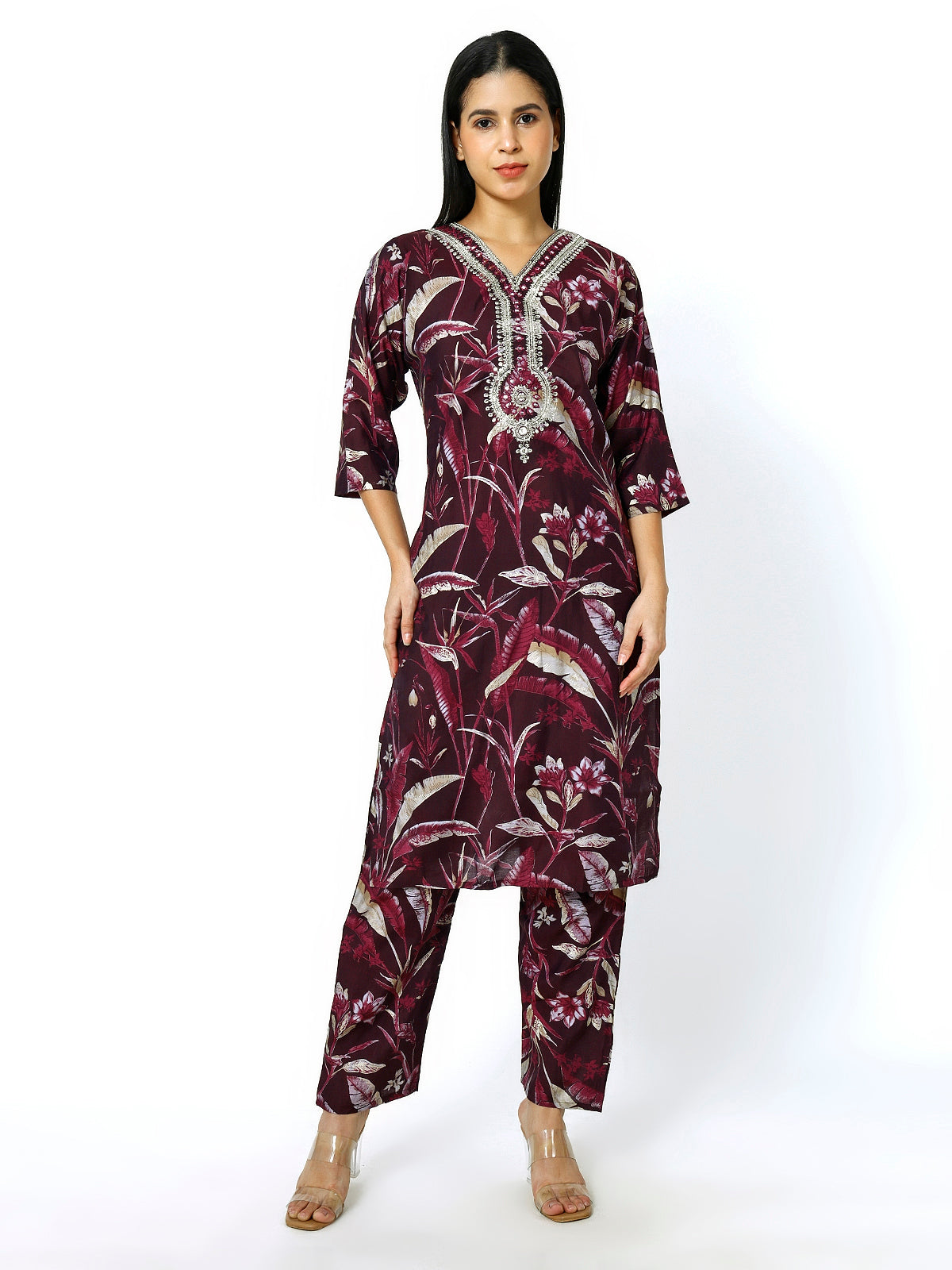 Women Embroidery Masleen Cotton Kurti Set Ethnic Printed Maroon Color (Plus Size Available)