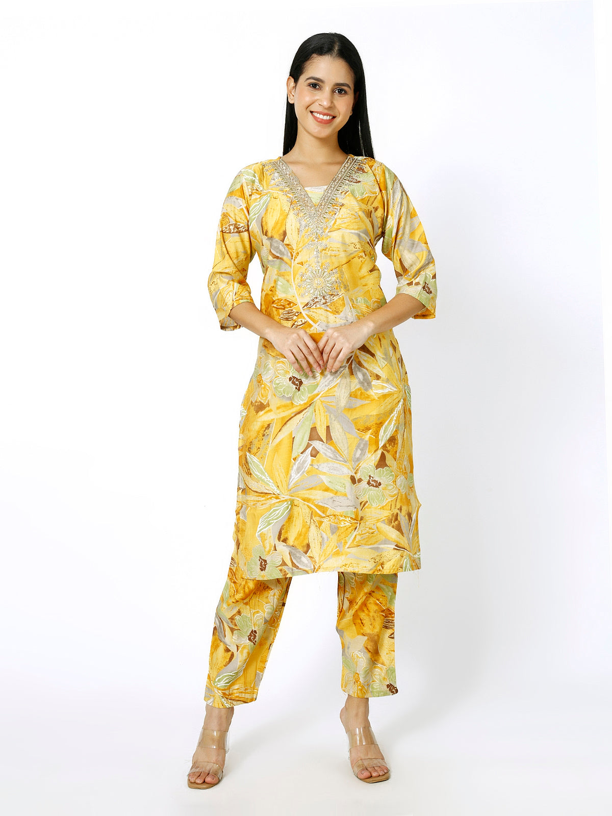 Women Embroidery Masleen Cotton Kurti Set Ethnic Printed Yellow Color (Plus Size Available)