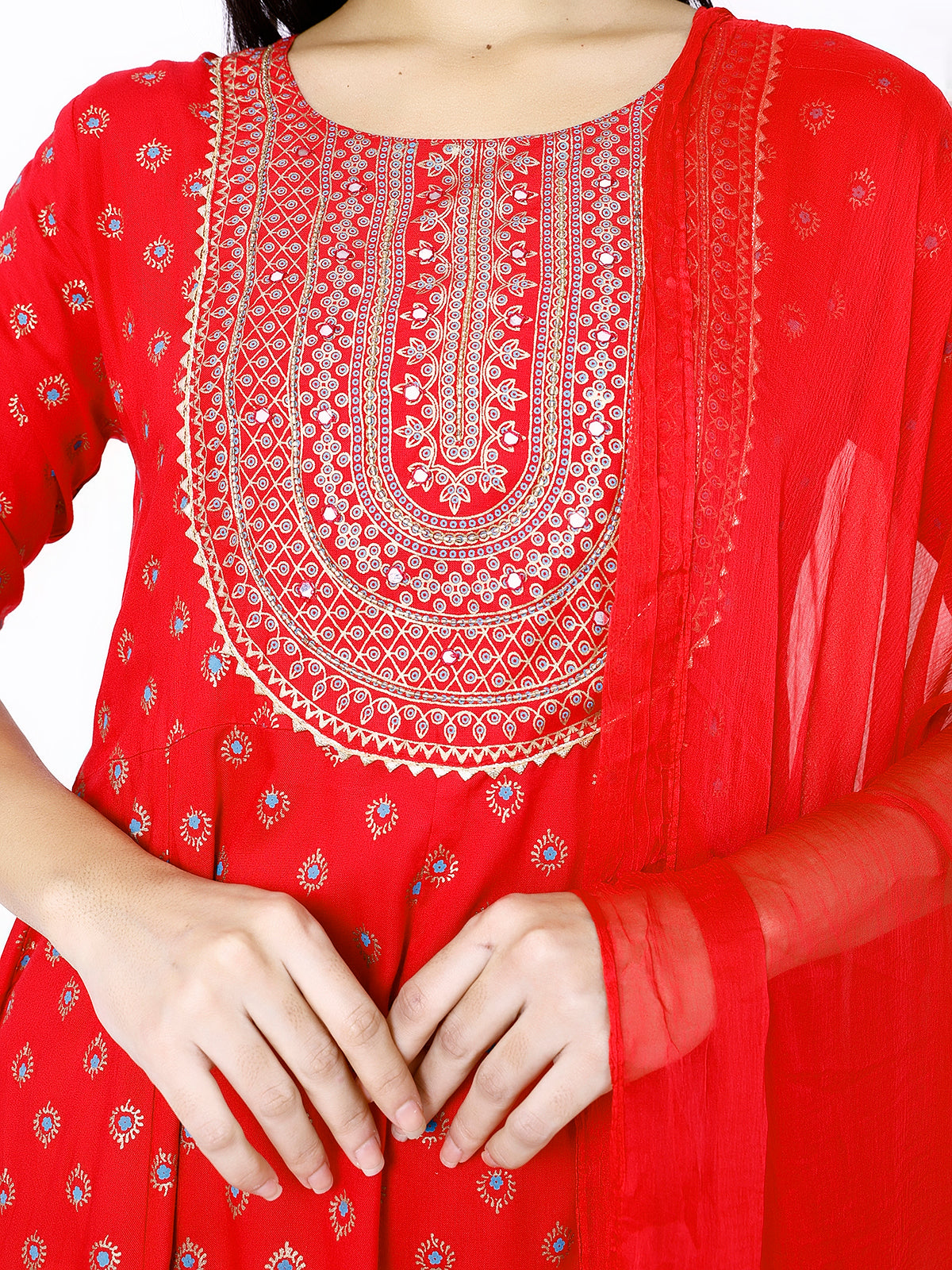 Women Red Floral Printed Round Neck Anarkali Kurta With Trousers & Dupatta (Plus Size Available)