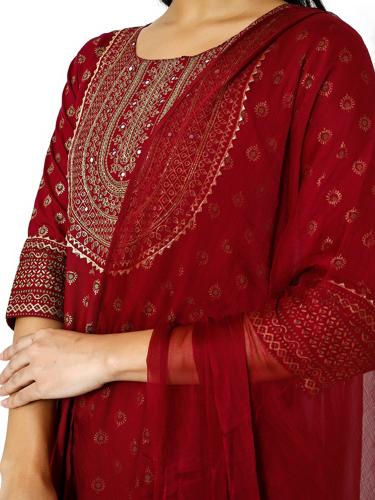 Women Maroon Floral Printed Round Neck Anarkali Kurta With Trousers & Dupatta (Plus Size Available) (Copy)