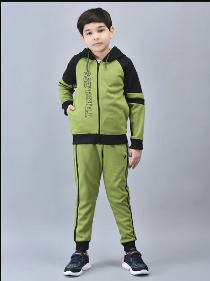 Shiv Naresh Boys Olive Green & Black Color blocked Zip-Front Tracksuit with Hood