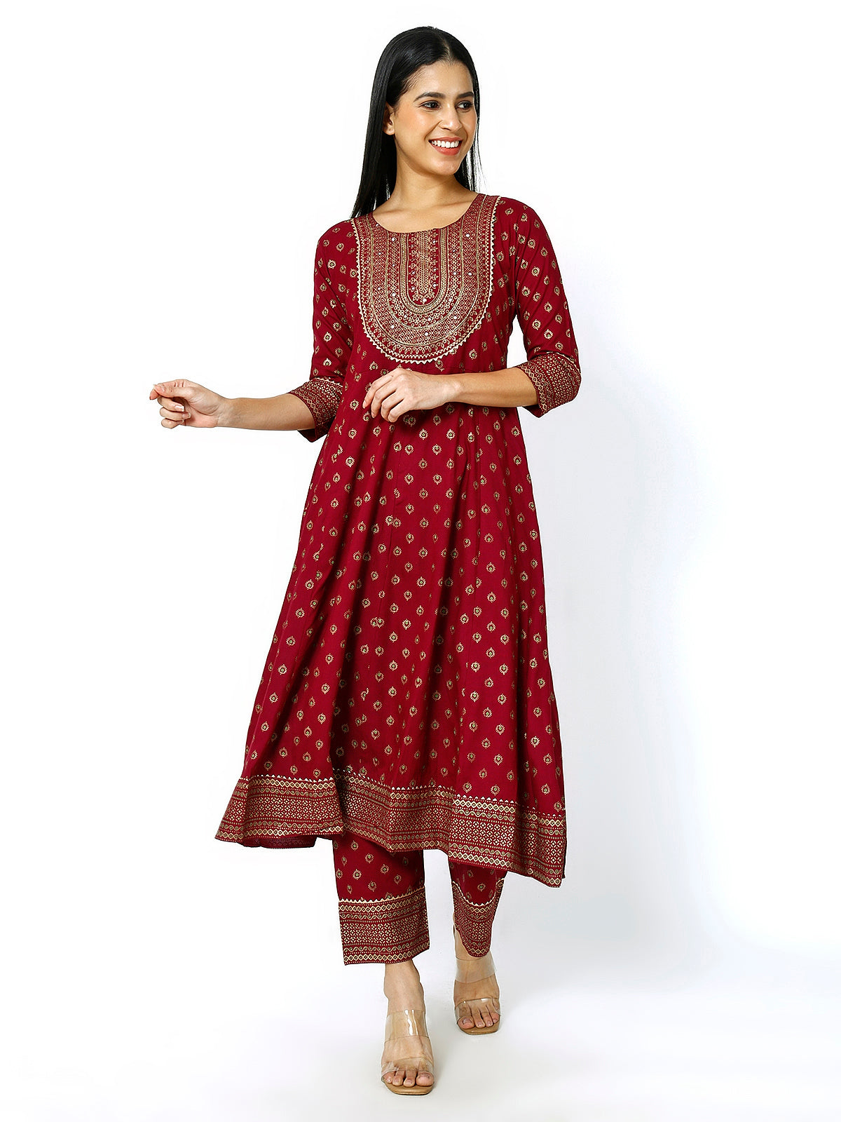 Women Maroon Floral Printed Round Neck Anarkali Kurta With Trousers & Dupatta (Plus Size Available) (Copy)