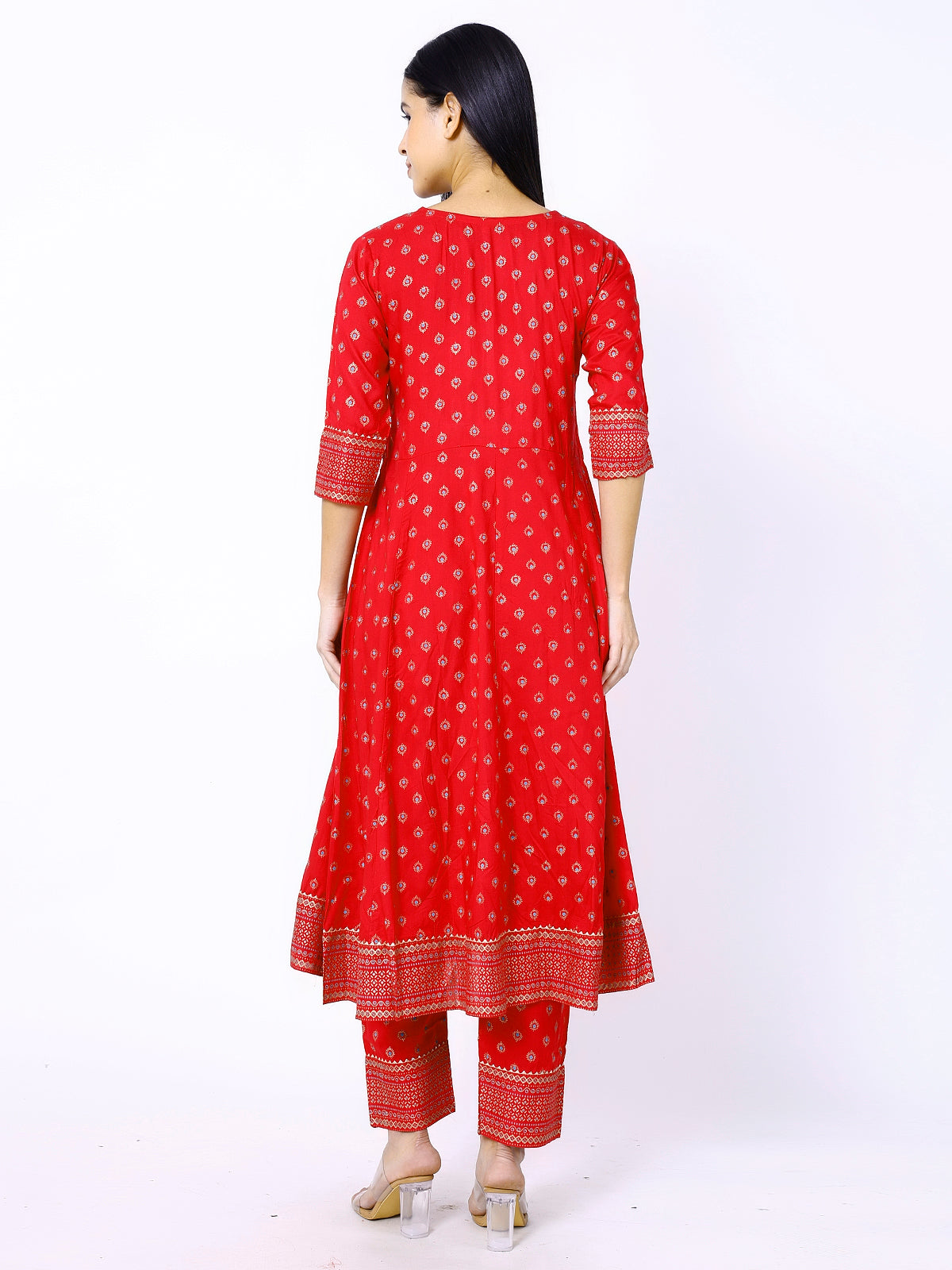 Women Red Floral Printed Round Neck Anarkali Kurta With Trousers & Dupatta (Plus Size Available)