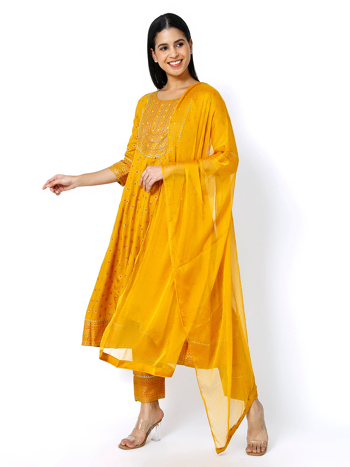 Women Mustard Floral Printed Round Neck Anarkali Kurta With Trousers & Dupatta (Plus Size Available)