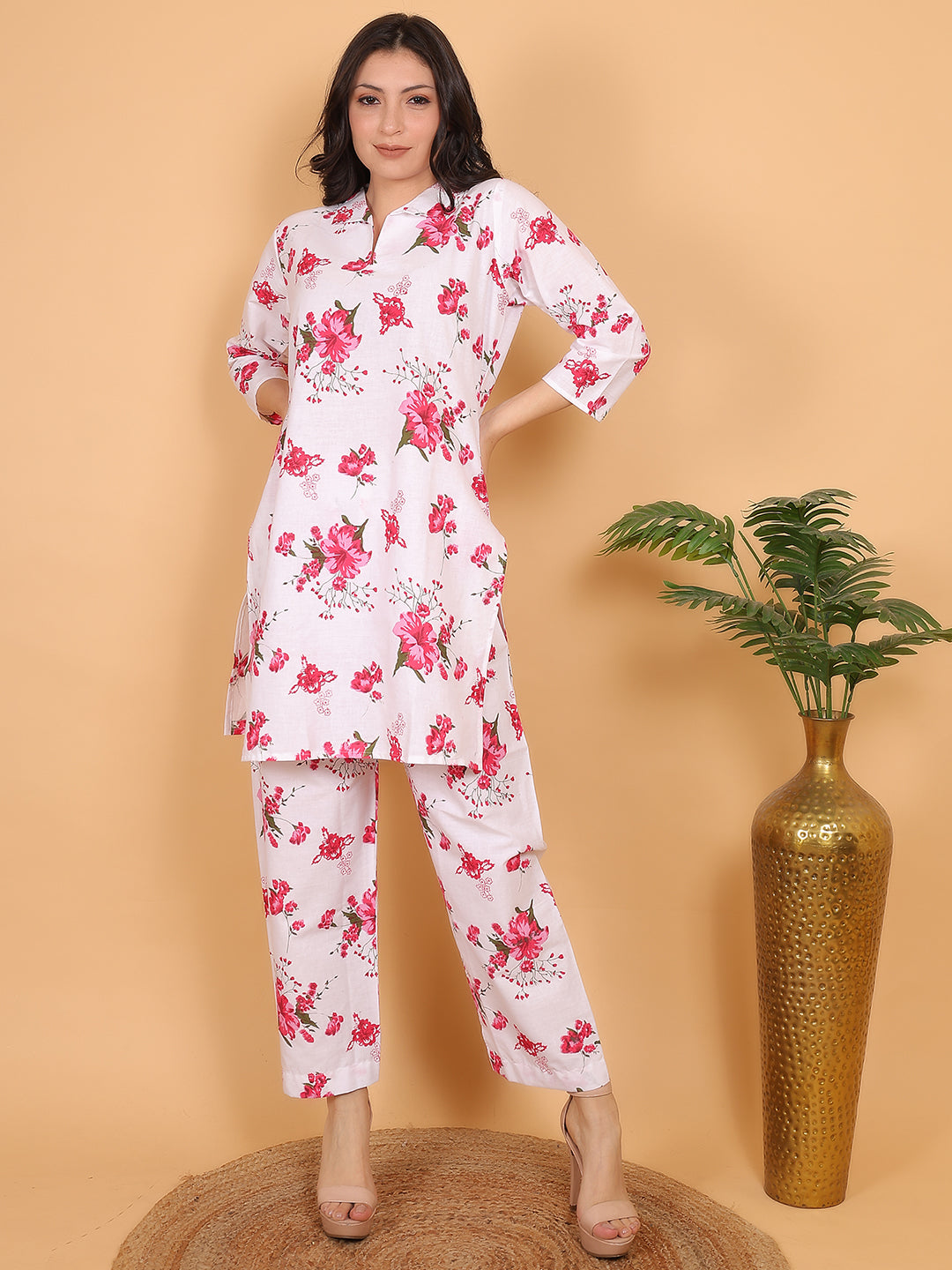 Women Red Floral Printed Cotton Coord Set with 3/4 Sleeves