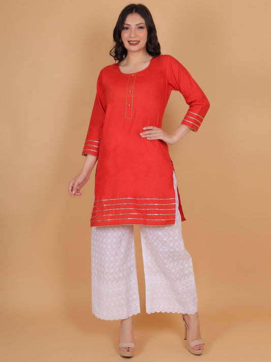 Trendzmy Women Elegant Red Cotton Kurti & White Embroidered Palazzo Set