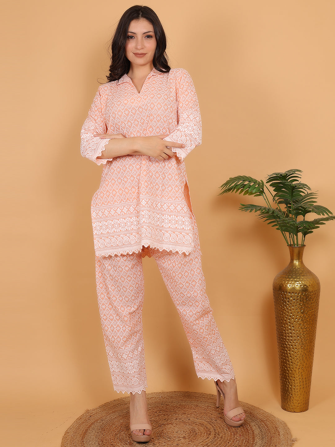 Peach Ethnic Chikan Embroidery Cotton Coord Set