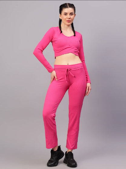 Shiv Naresh Women Fuchsia Ribbed Full Sleeves Crop Top with Straight Fit Lounge Pants Co-ord Set