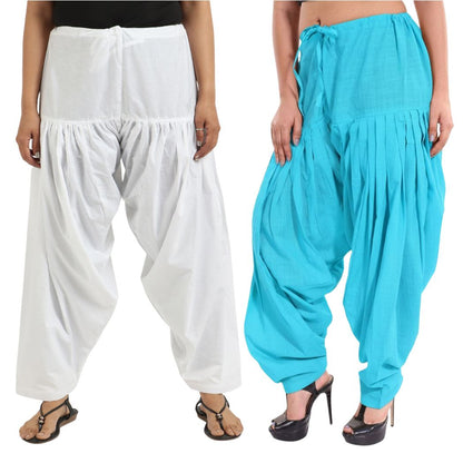 Women & Girl's Ethnic Premium Pleated Patiala Salwar in White & Sky Blue-Pack of 2