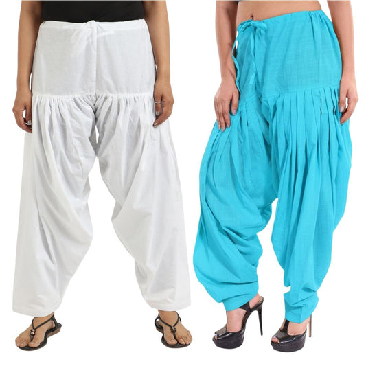 Women & Girl's Ethnic Premium Pleated Patiala Salwar in White & Sky Blue-Pack of 2