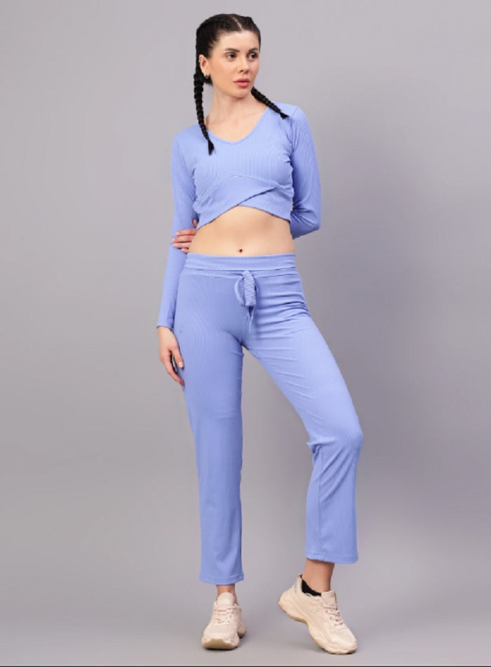 Shiv Naresh Women Pale blue Ribbed Full Sleeves Crop Top with Straight Fit Lounge Pants Co-ord Set