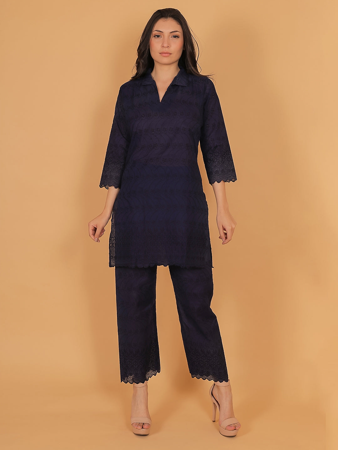 Navy Blue Ethnic Chikan Embroidery Cotton Coord Set