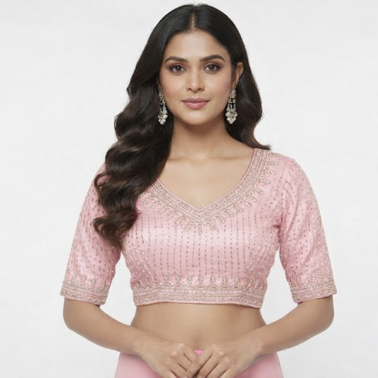 Devika Premium Blush Pink V-Neck Blouse with Gold Sequin Stripes-US-CA