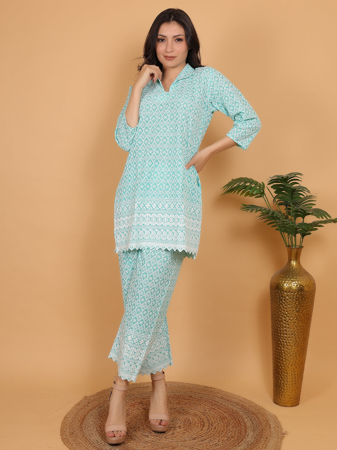 Aqua Green Ethnic Chikan embroidery Cotton Co-ord Set