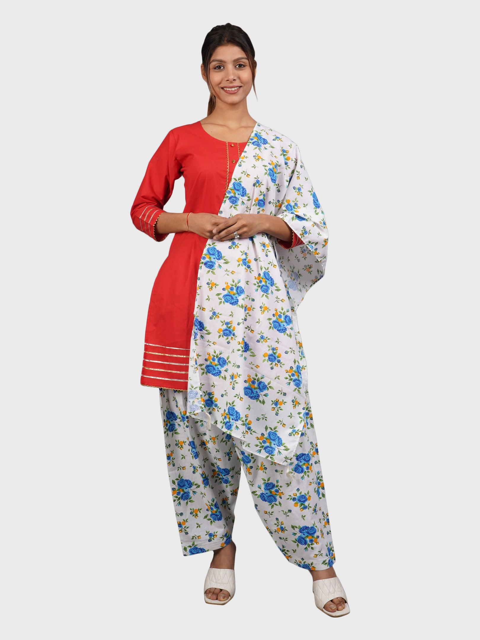 Women Plain Red Kurta with Printed Sky Blue Salwar and Dupatta XXXL