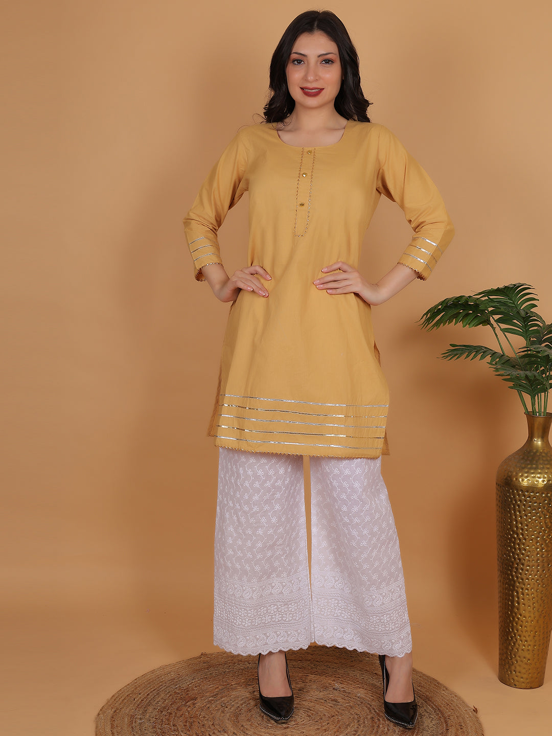 Women Elegant Beige Cotton Kurti & White Embroidered Palazzo Set