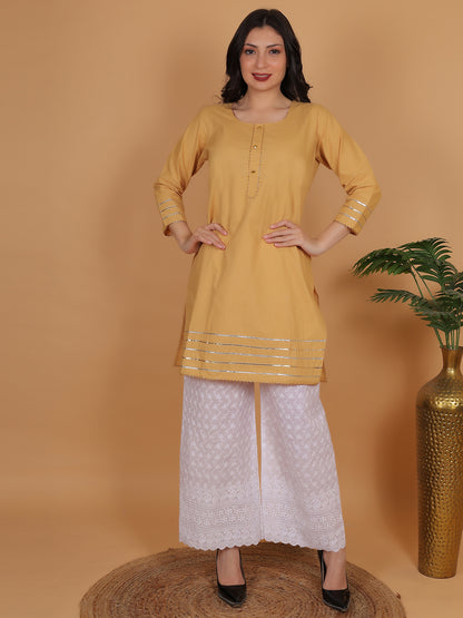 Trendzmy Women Elegant Beige Cotton Kurti & White Embroidered Palazzo Set