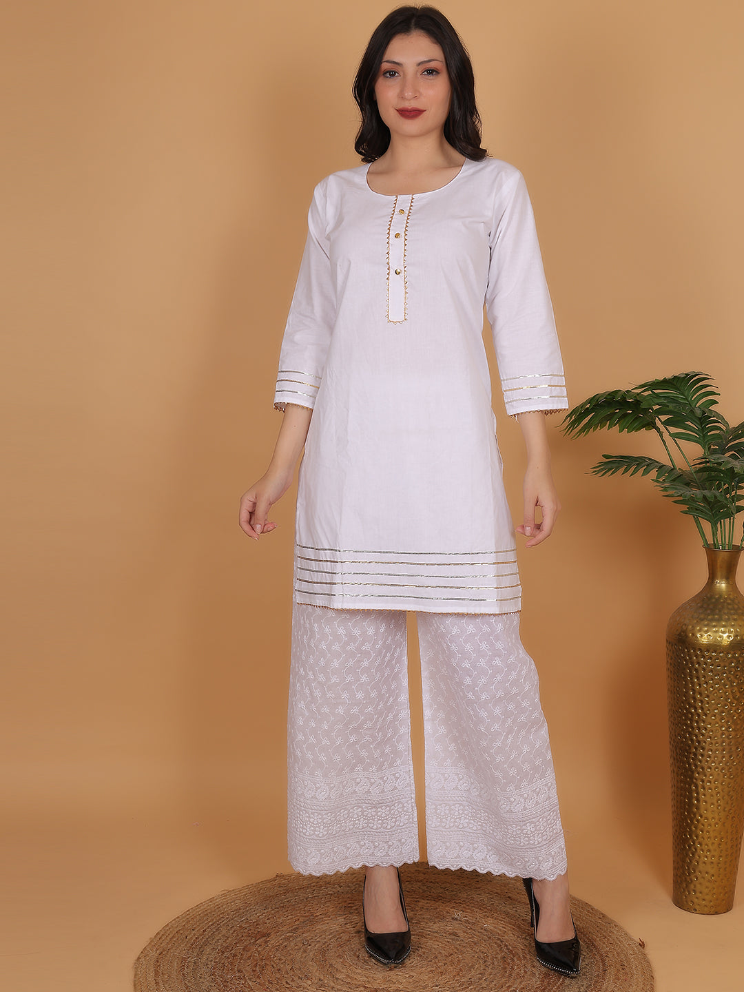 Women Elegant White Cotton Kurti & White Embroidered Palazzo Set