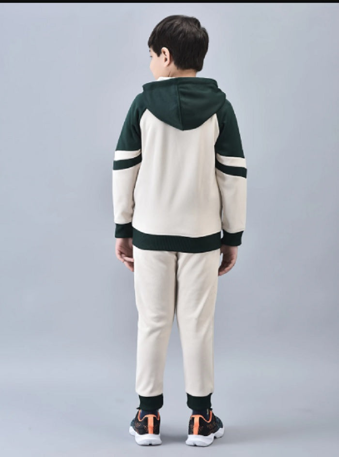 Shiv Naresh Boys Cream & Bottle Green Colorblocked "Fearless" Hooded Tracksuit