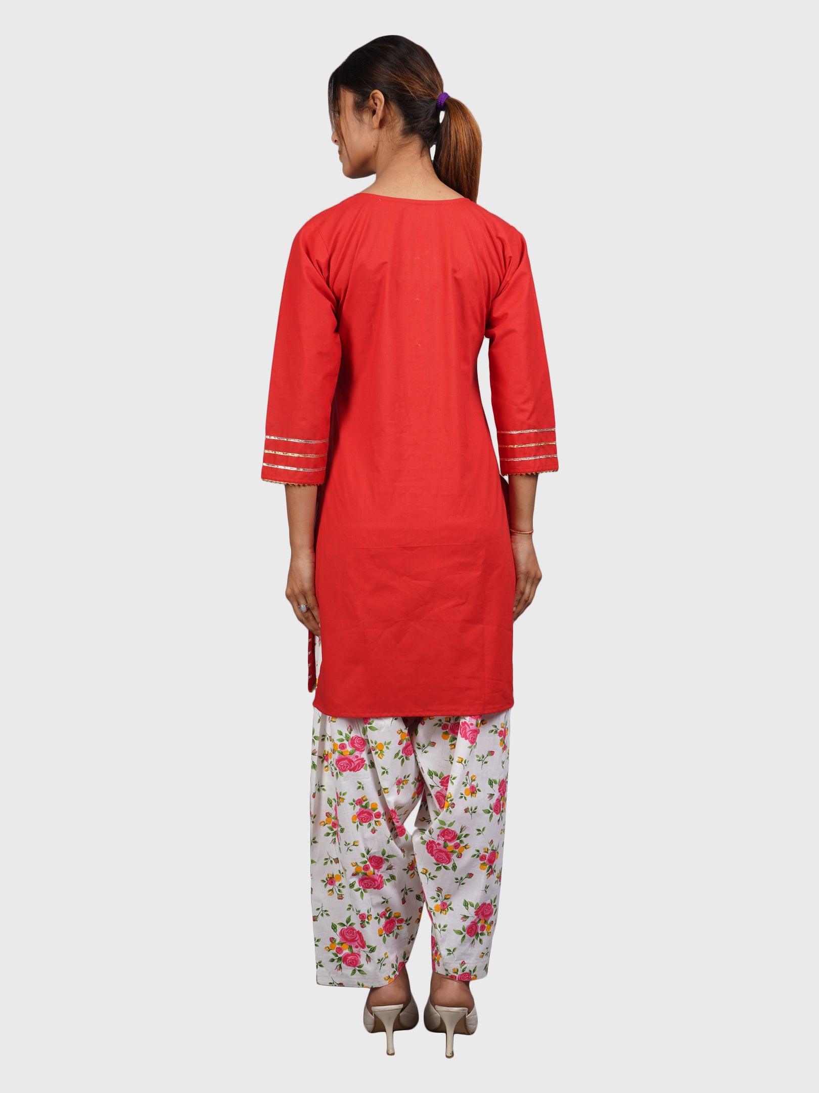 Women Plain Red Kurta with Printed Pink Salwar and Dupatta