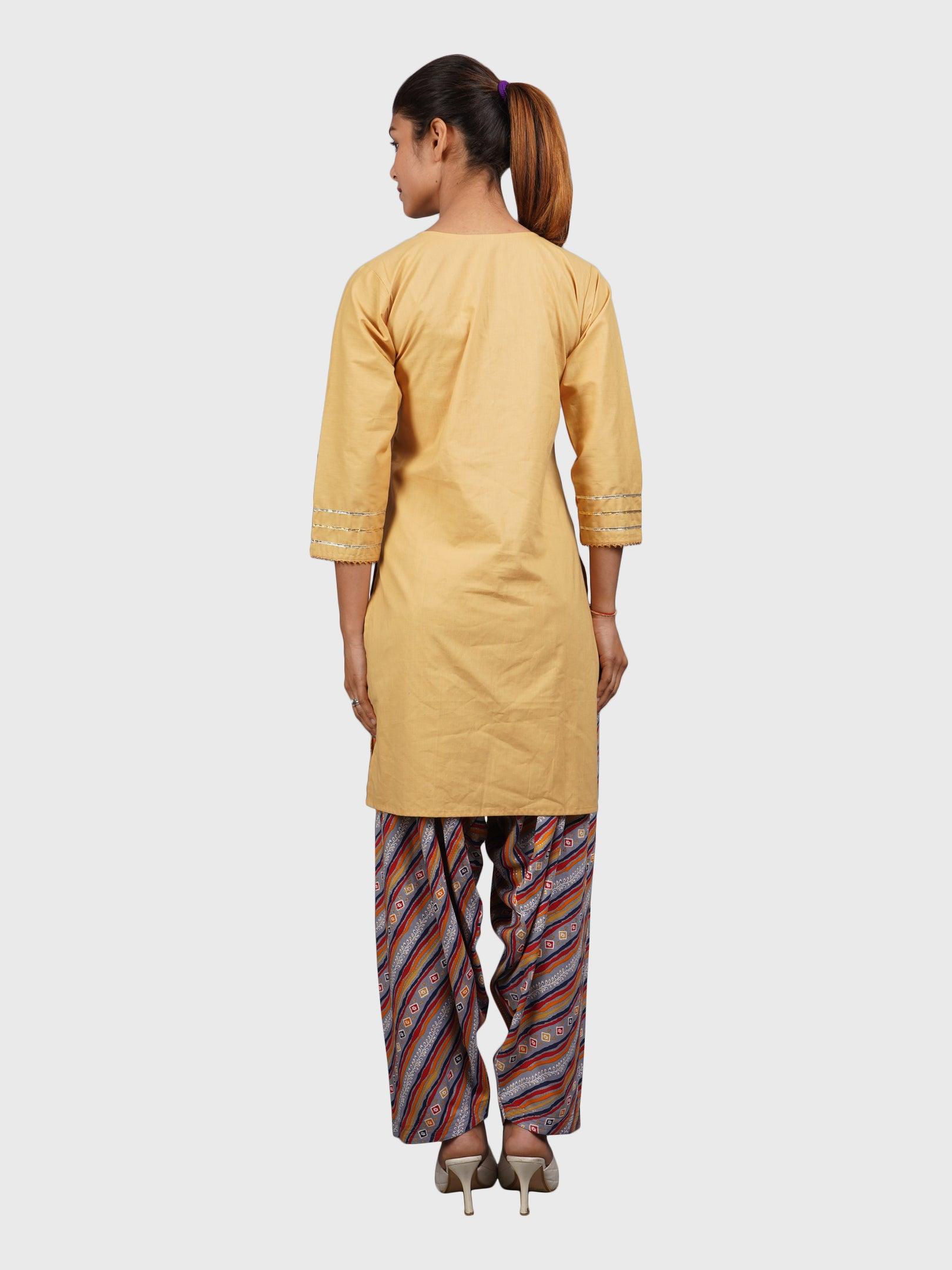 Women Plain Beige Kurta with Stripe Blue Salwar and Dupatta