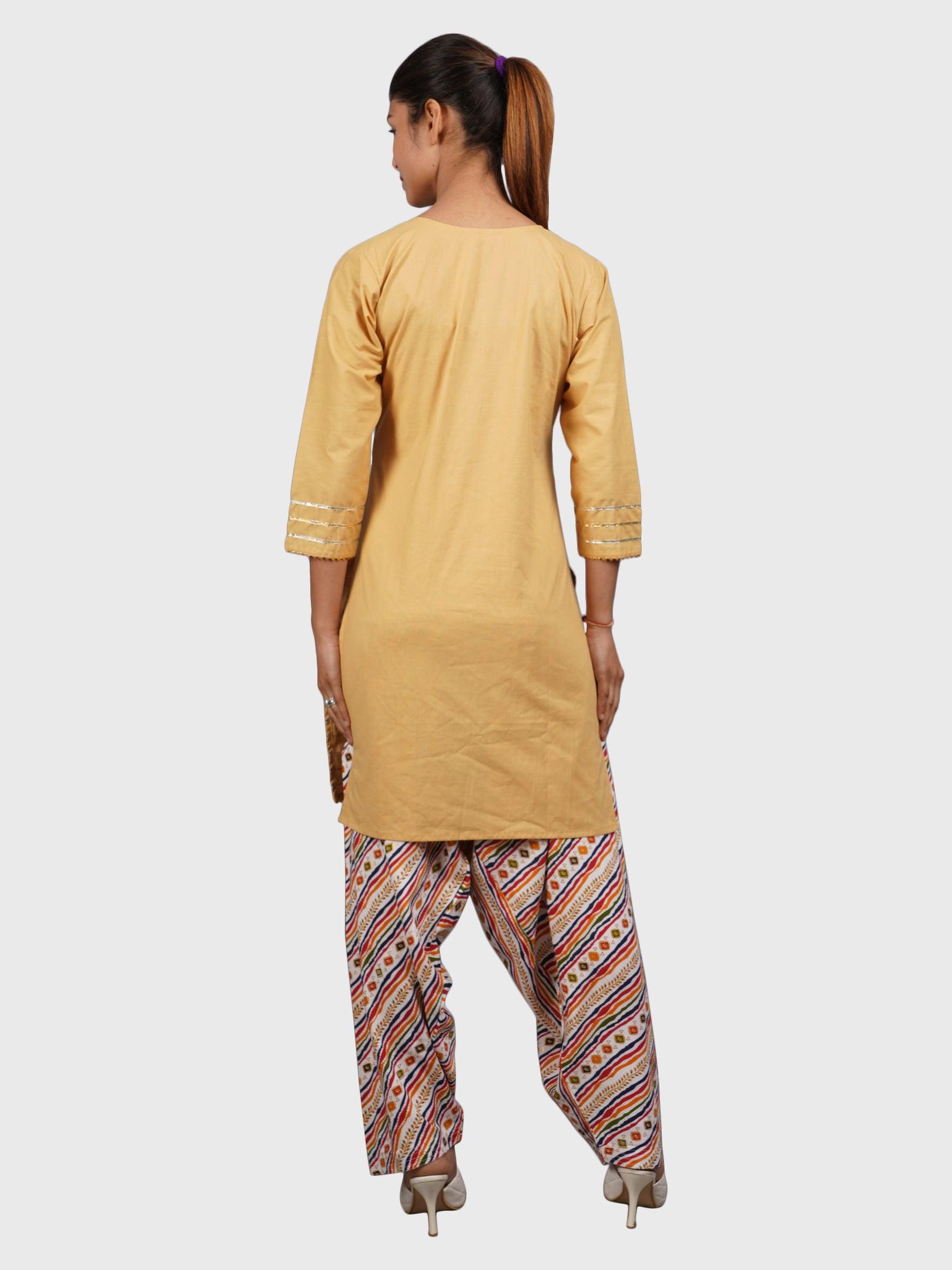 Women Plain Beige Kurta with Stripe Cream Salwar and Dupatta