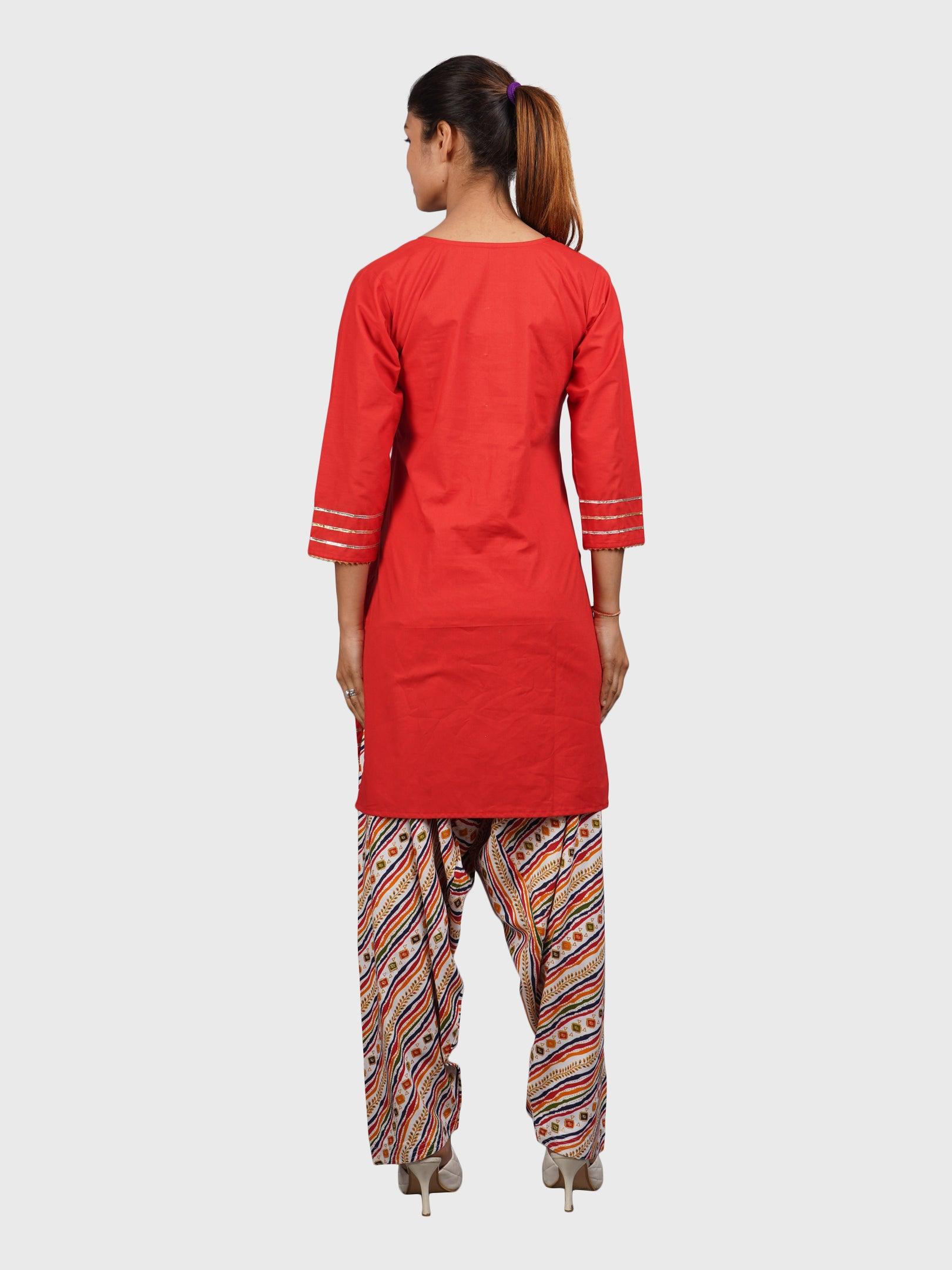 Women Plain Red Kurta with Stripe Cream Salwar and Dupatta