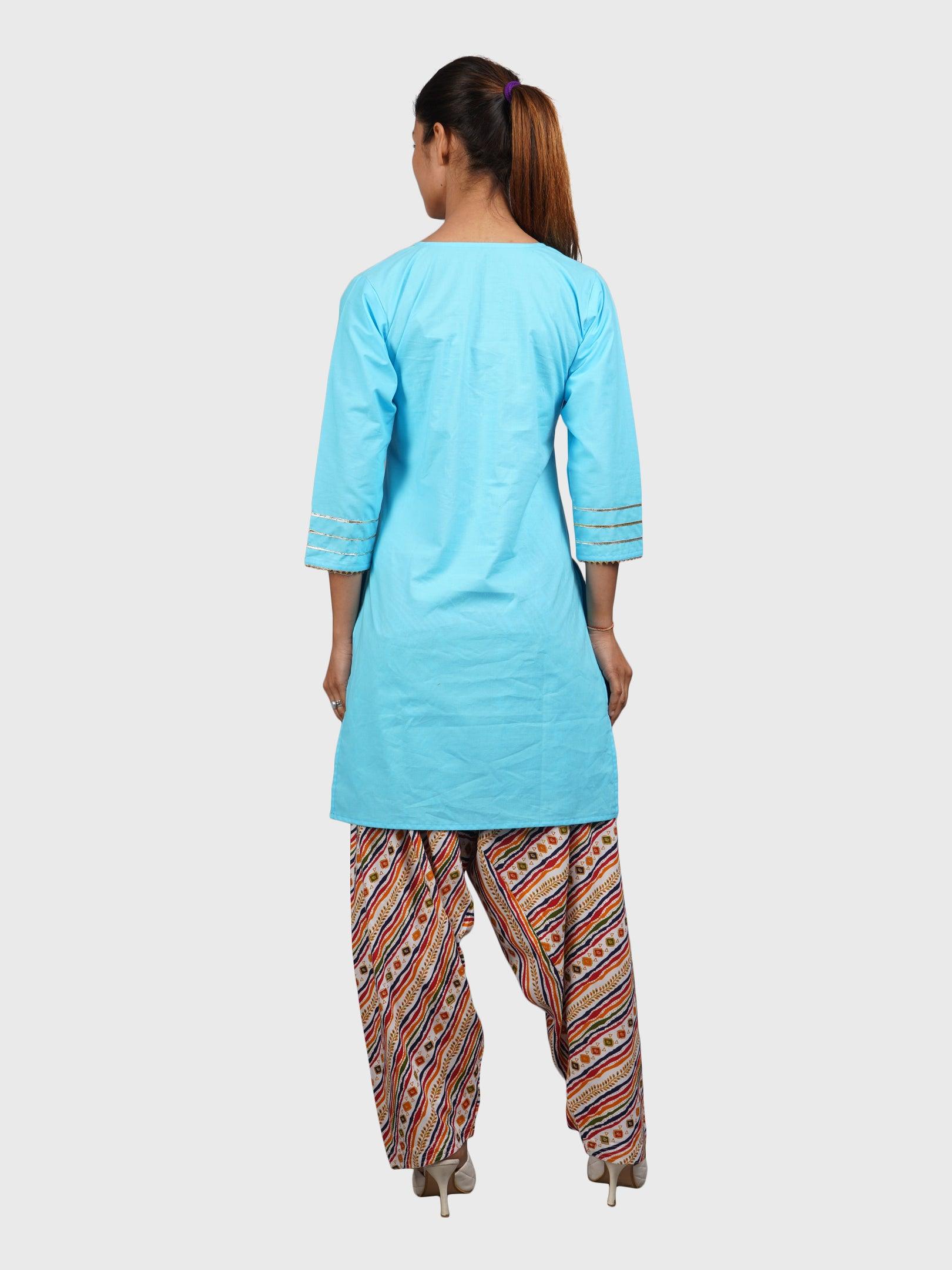 Women Plain Sky Kurta with Stripe Cream Salwar and Dupatta