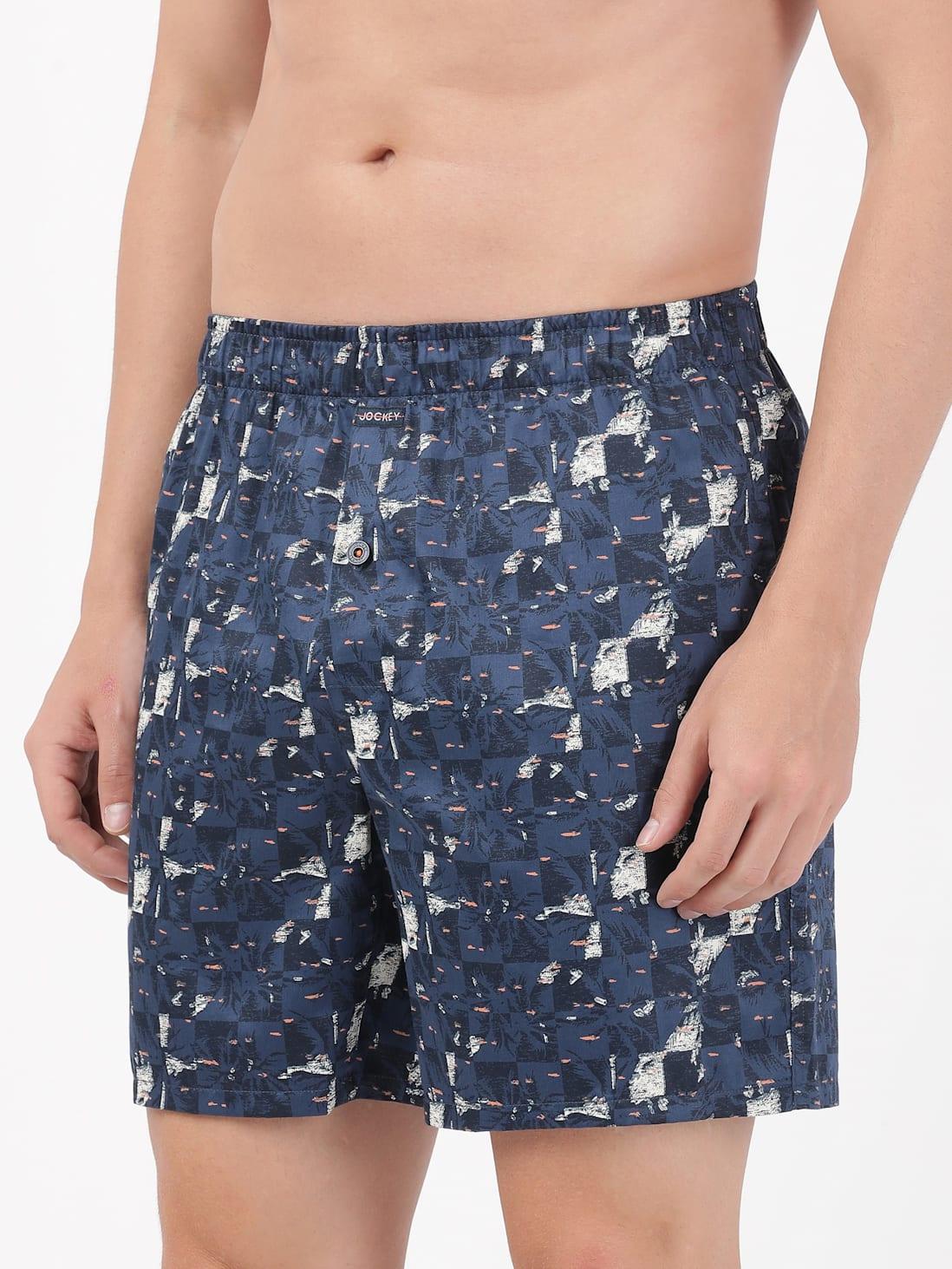 Jockey Men's Super Combed Cotton Printed Boxer Shorts with Side Pocket - Blue (Random Prints)