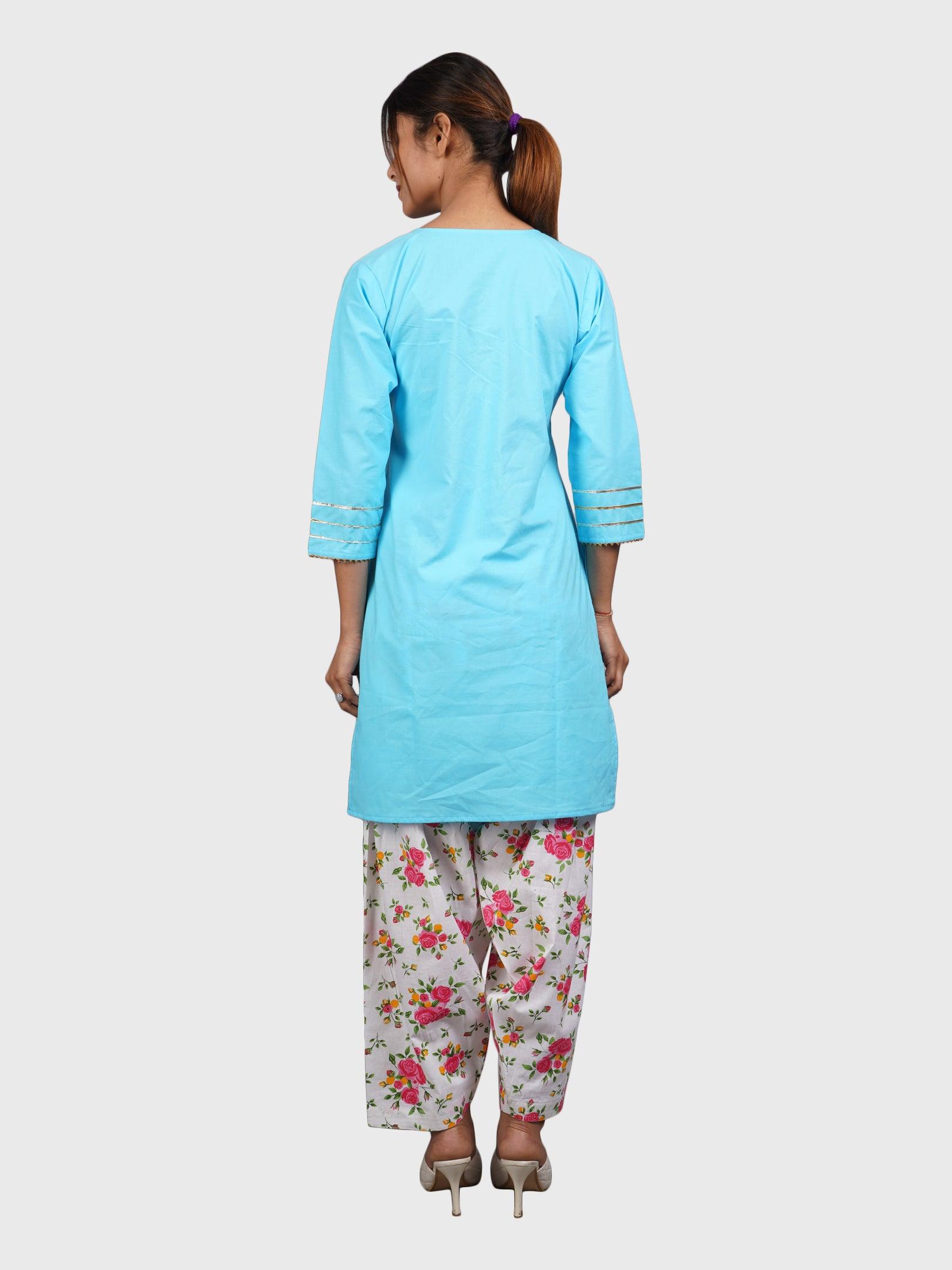 Women Plain Sky Blue Kurta with Printed Pink Salwar and Dupatta