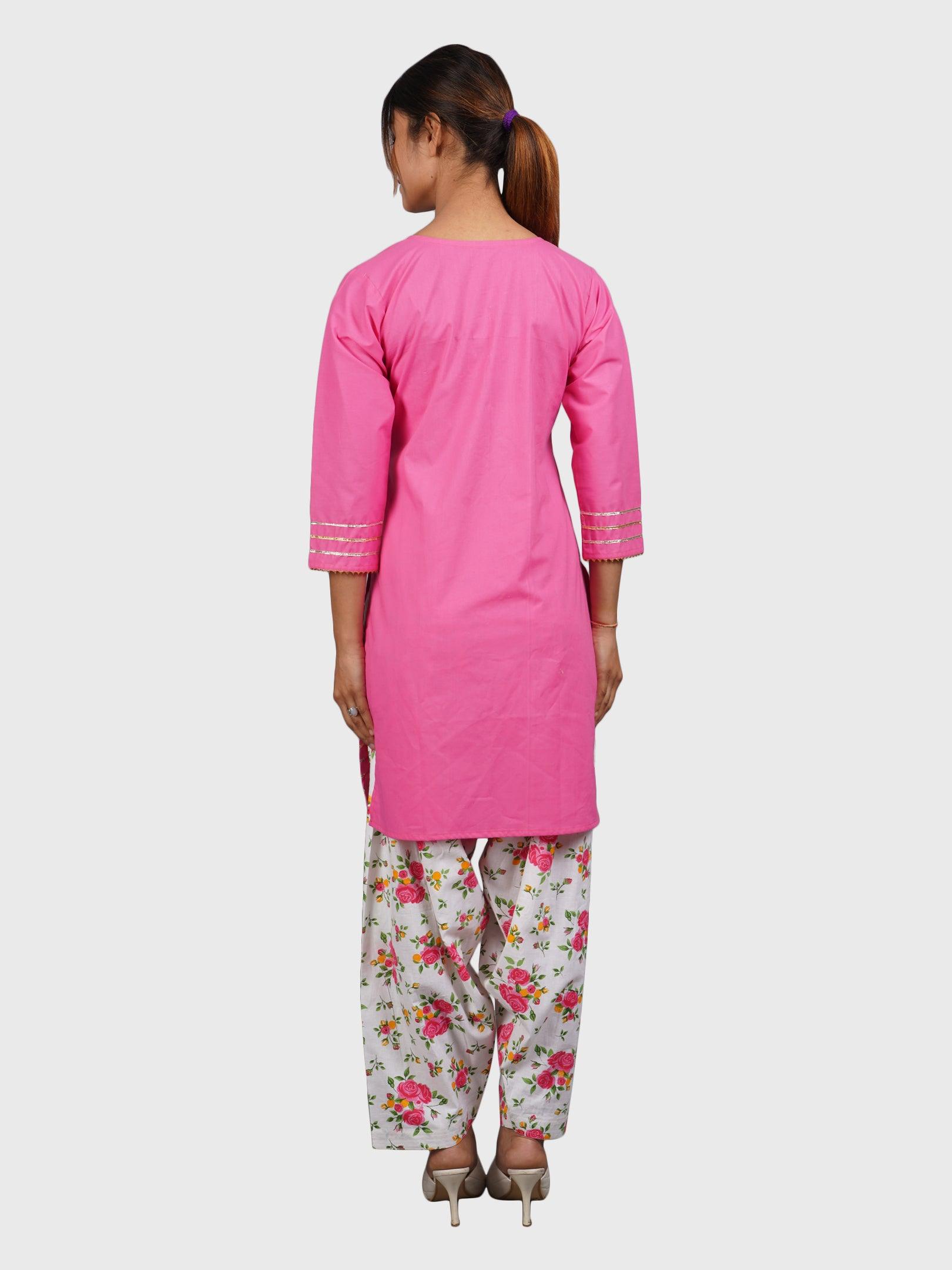 Women Plain Pink Kurta with Printed Salwar and Dupatta