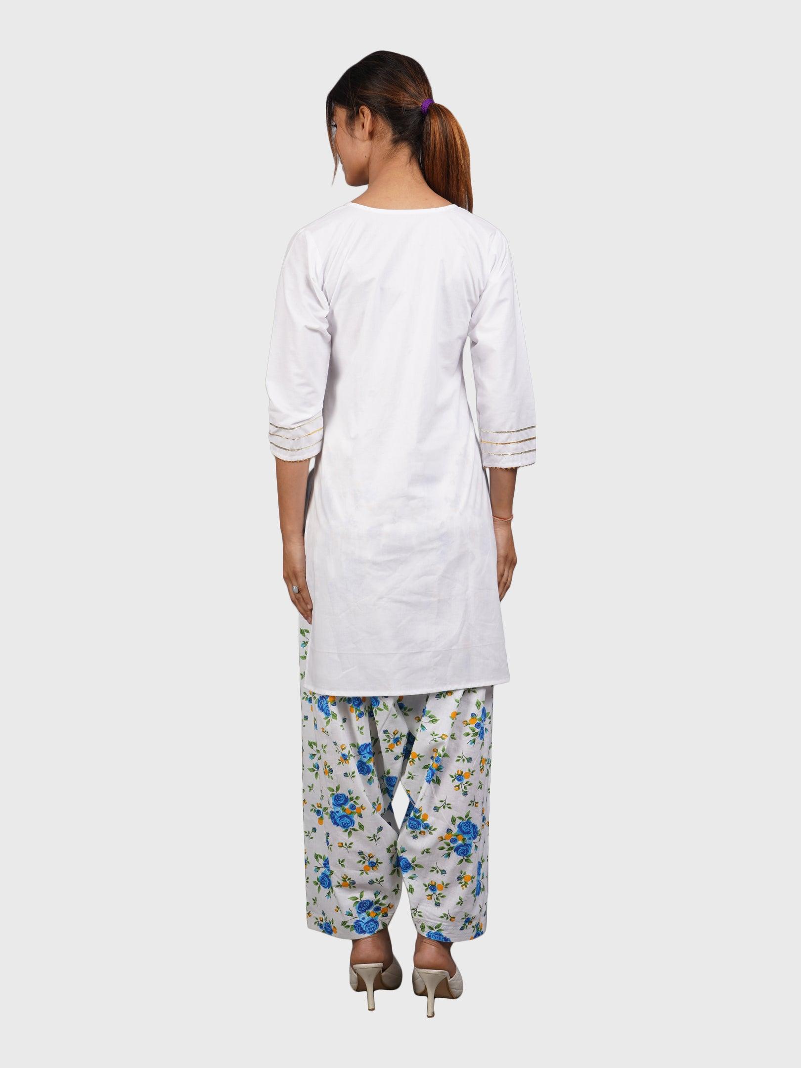 Women Plain White Kurta with Printed Sky Salwar and Dupatta