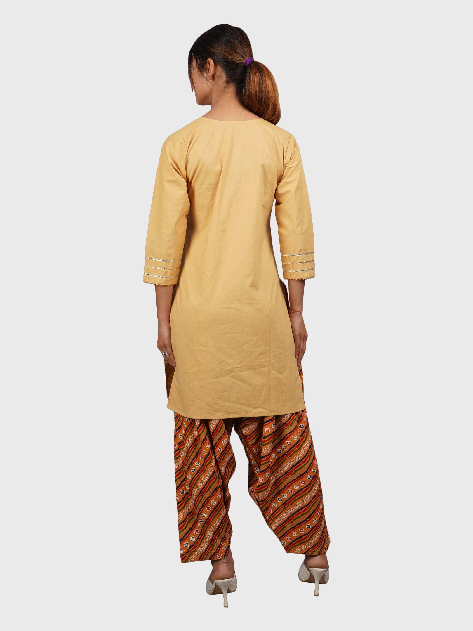 Women Plain Beige Kurta with Stripe Orange Salwar and Dupatta