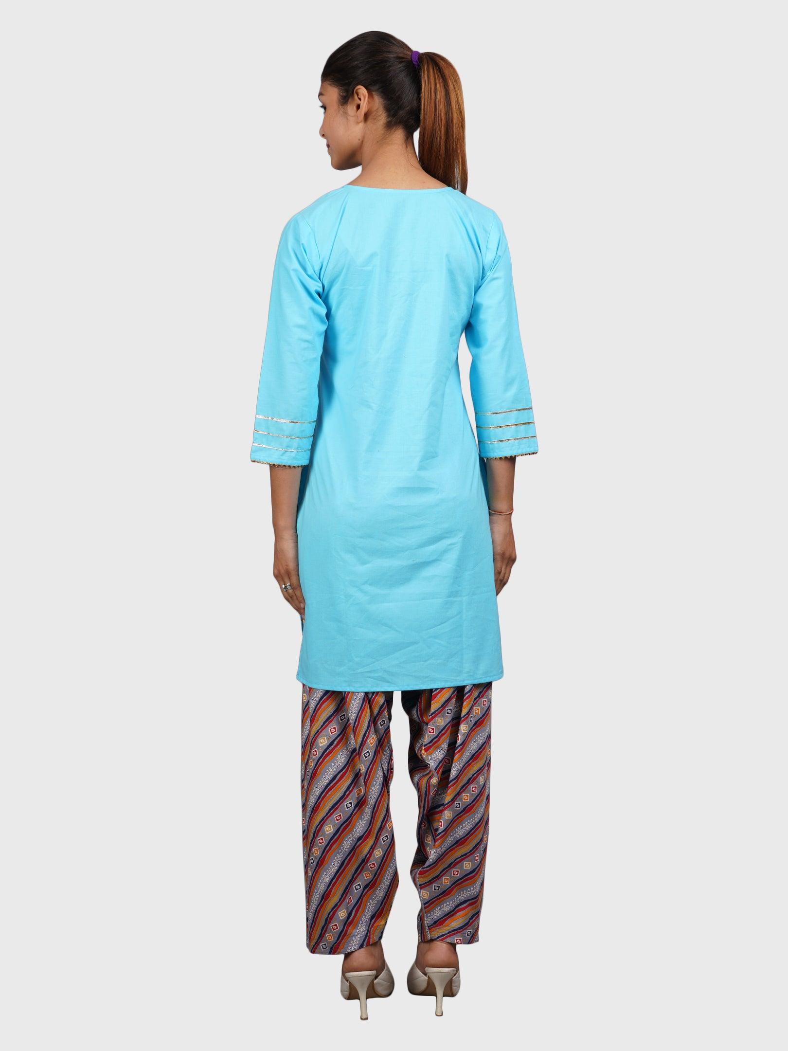 Women Plain Sky Kurta with Stripe Blue Salwar and Dupatta