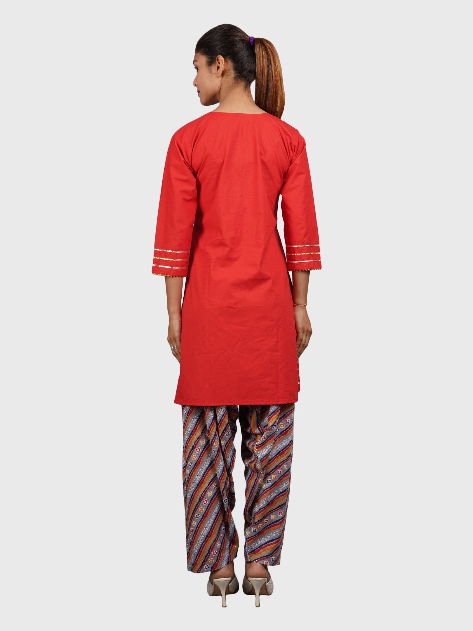 Women Plain Red Kurta with Stripe Blue Salwar and Dupatta