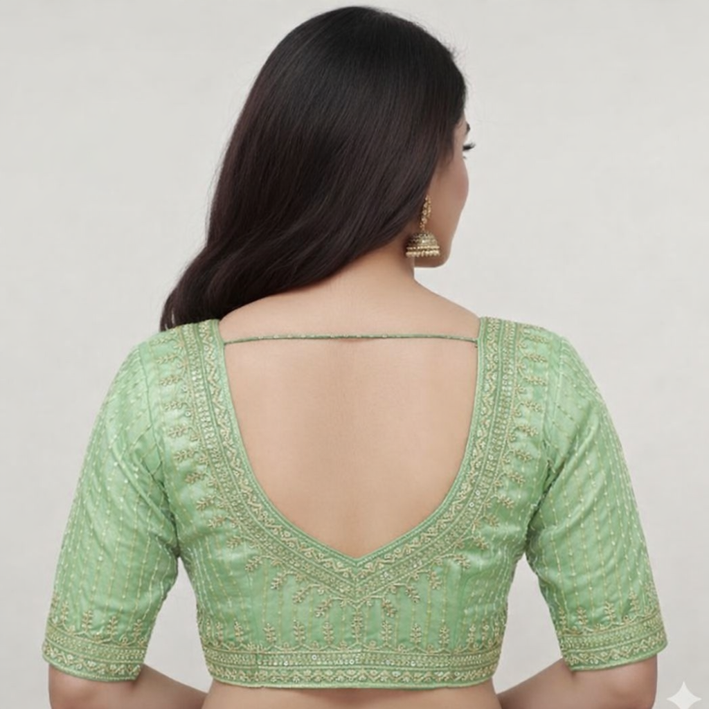 Devika Premium Mint Green V-Neck Blouse with Gold Sequin Stripes