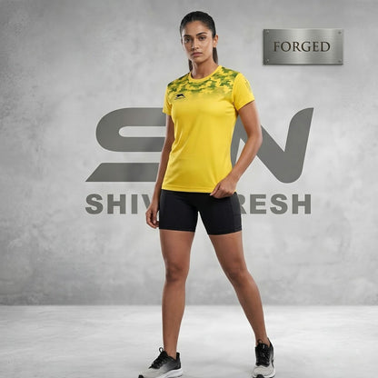 Shiv Naresh Women's Half Sublimation Sports T-Shirt | Quick Dry Polyester Athletic Gym & Running T-Shirt | Yellow Camouflage Training Tee