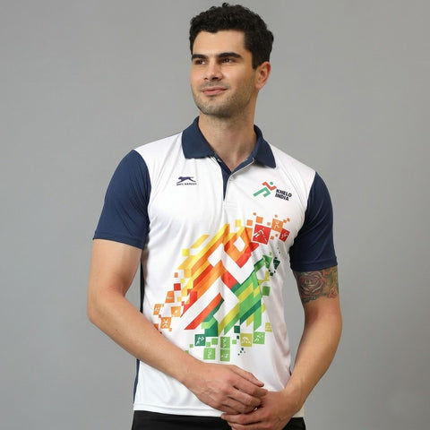 Shiv Naresh Men’s Sports Polo T-Shirt | Front Print Khelo india| Breathable Quick Dry Fabric | Plain Back | Athletic Fit Activewear
