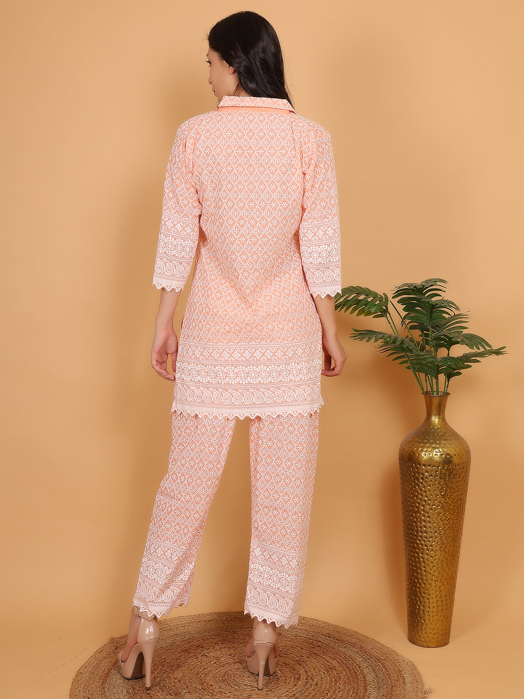 Peach Ethnic Chikan Embroidery Cotton Coord Set
