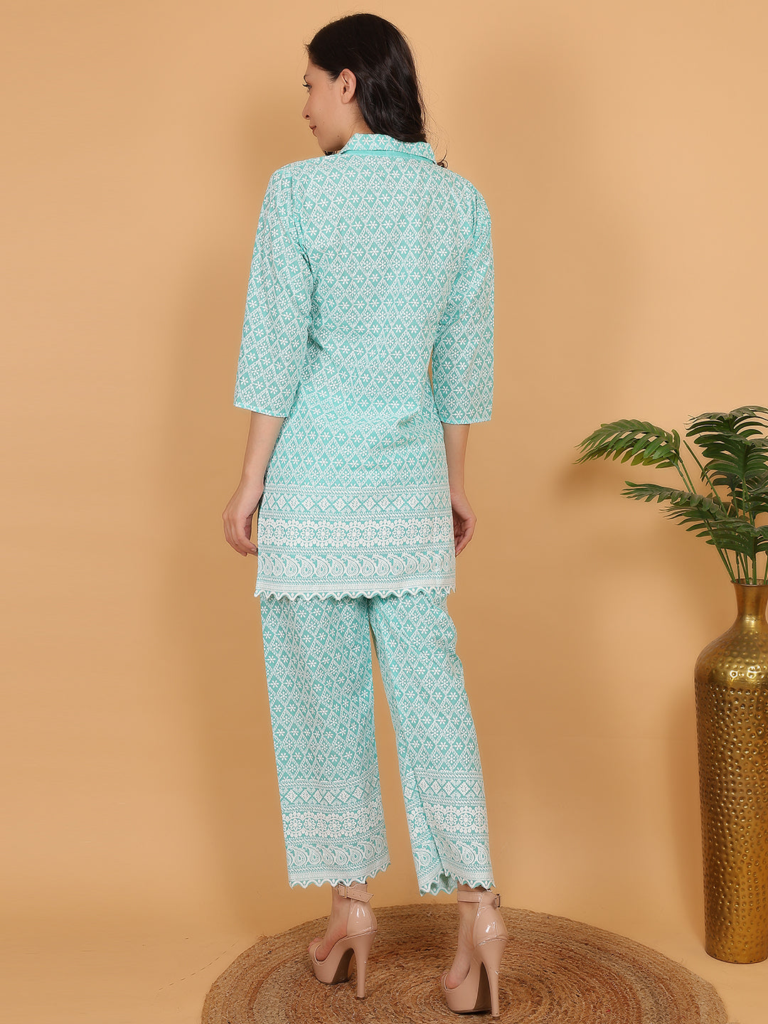 Aqua Green Ethnic Chikan embroidery Cotton Co-ord Set