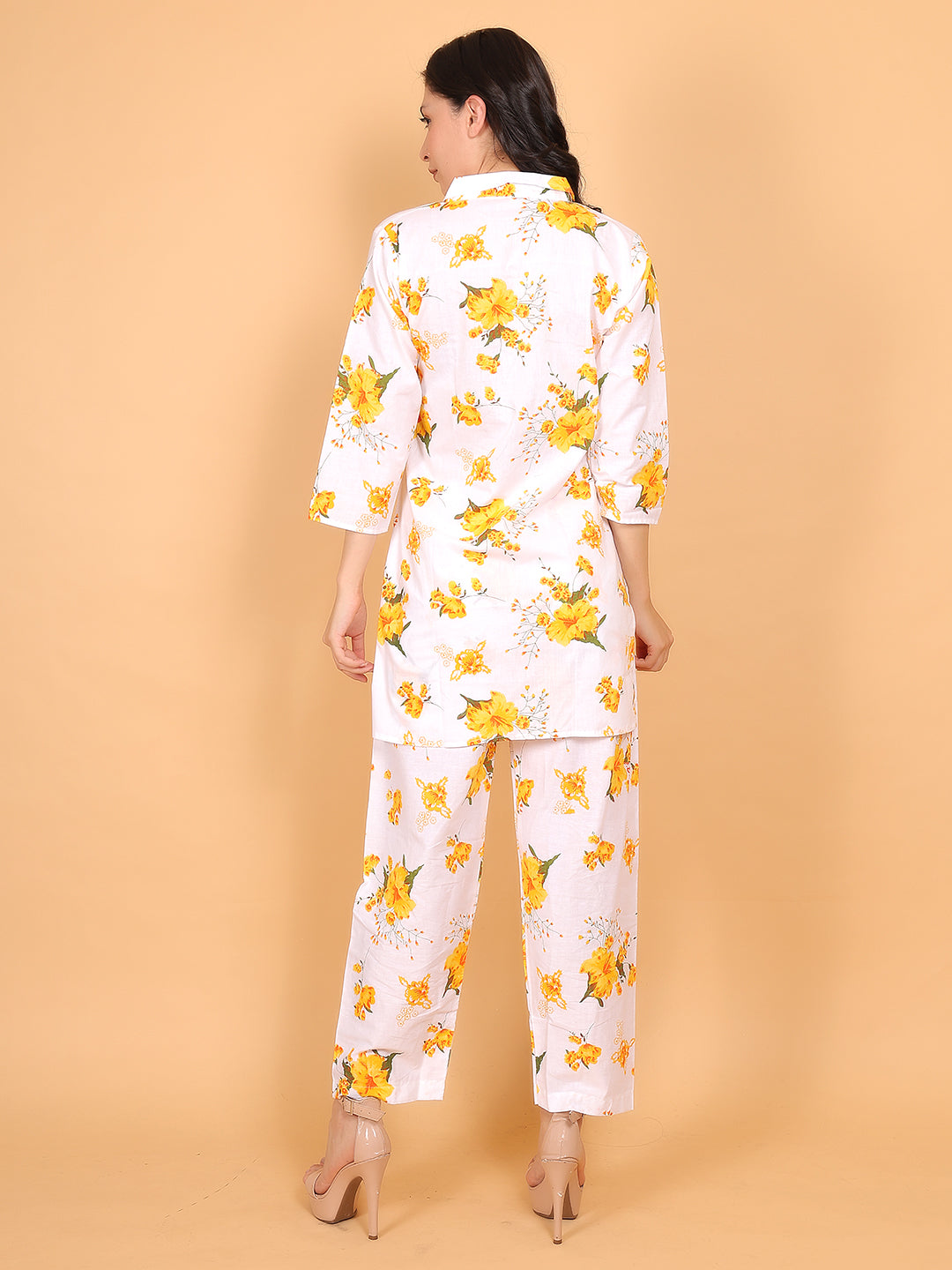 Women Yellow Floral Printed Cotton Coord Set with 3/4 Sleeves