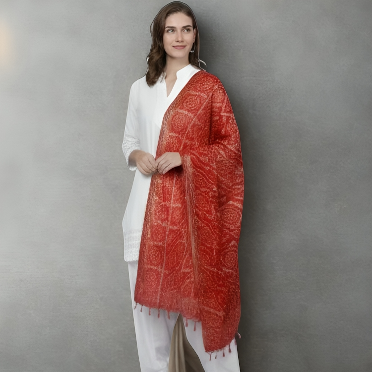 Traditional Red & Gold Bandhani Print Cotton Blend Dupatta with Tassel Fringe