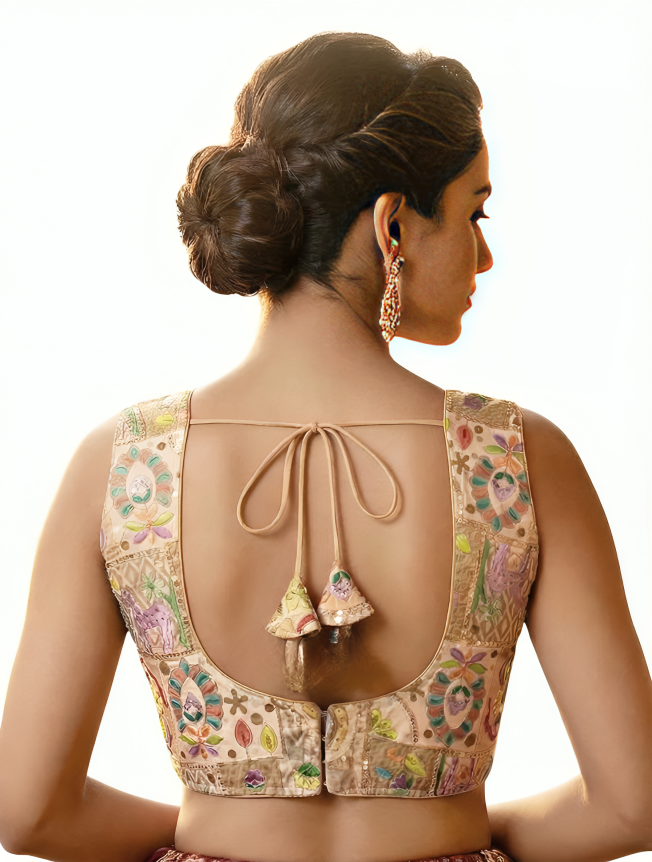 Women Cotton Silk Blouse with Traditional Multi-Color Kantha Work & Animal Motifs _Golden