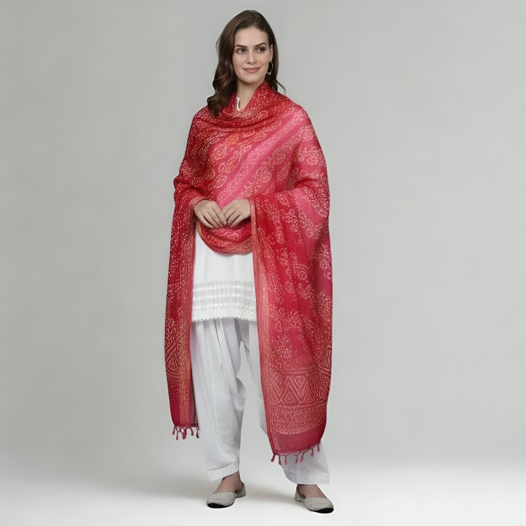 Rajasthani Bandhani Print Dupatta for Women - Pink & Gold Festive Wear Dupatta