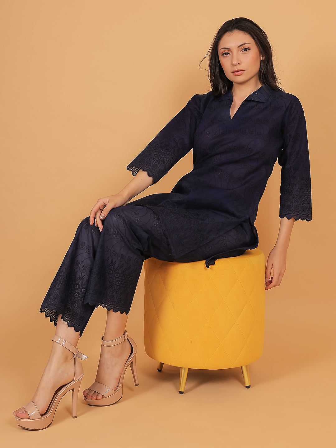 Navy Blue Ethnic Chikan Embroidery Cotton Coord Set