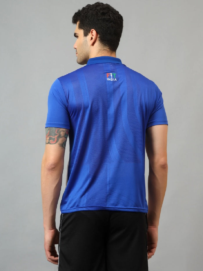Shiv Naresh Men’s Sports Polo T-Shirt | Front Print Khelo india| Breathable Quick Dry Fabric | Plain Back | Athletic Fit Activewear-Blue