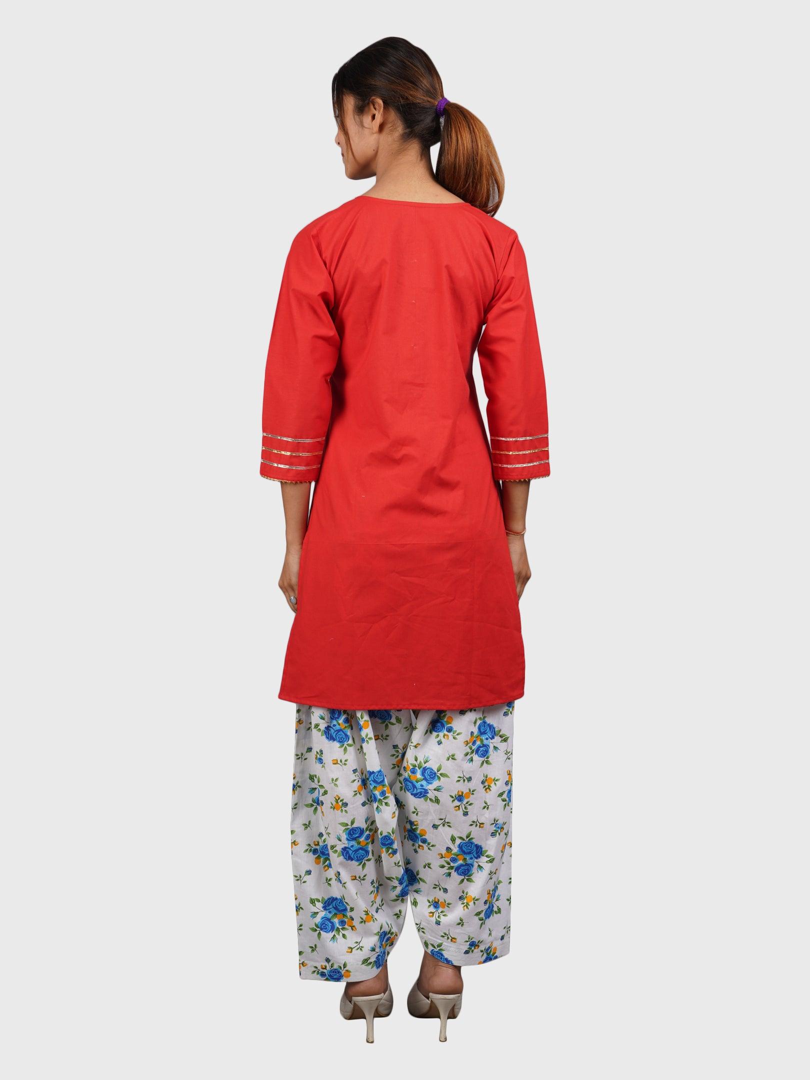 Women Plain Red Kurta with Printed Sky Blue Salwar and Dupatta